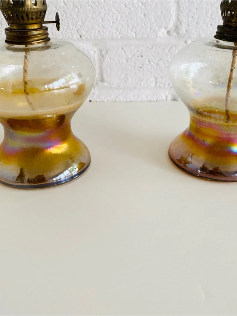 Pair of Vintage Iridescent Glass Oil Hurricane Lamps